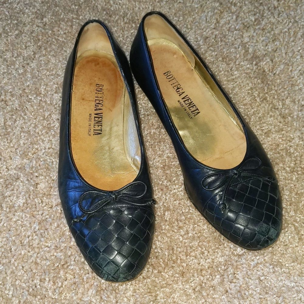 Vintage Bottega Veneta Woven Bow Tie Flats Shoes 7 Navy Blue